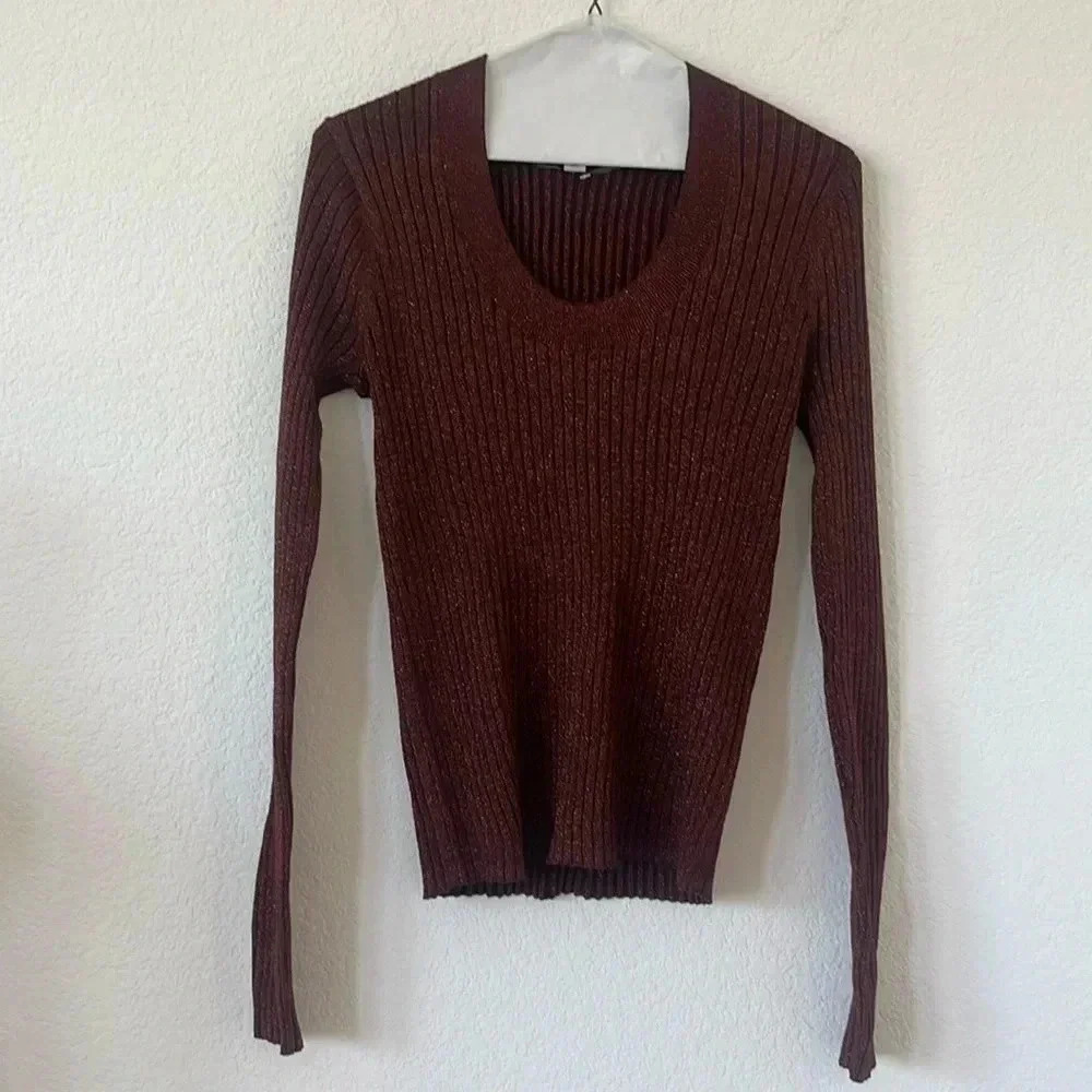 a new day | Metallic Long Sleeve Scoop Neck Brown Top | Sz L